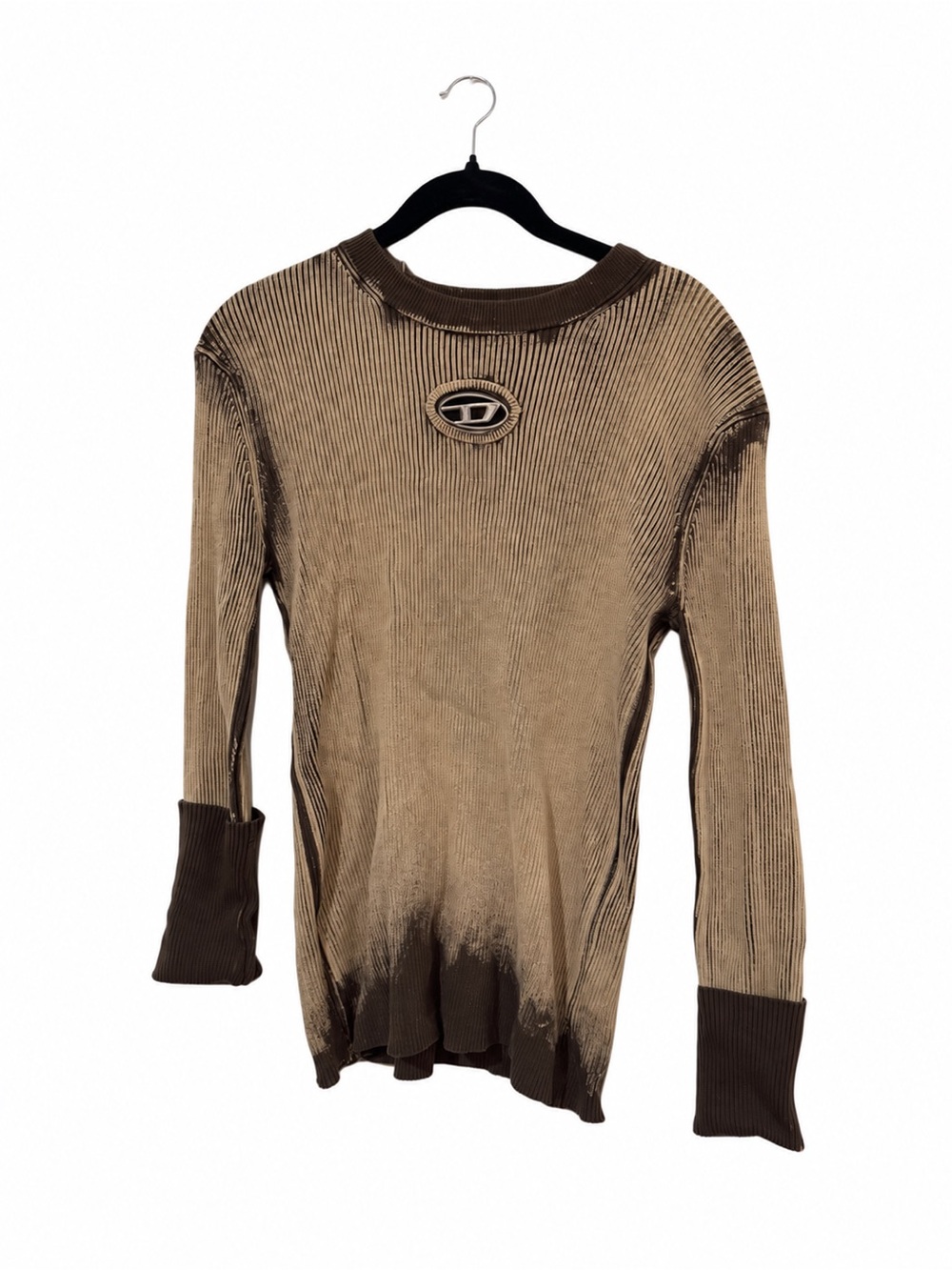 Diesel Oval-D Logo Long Sleeve Top, Acid Wash Brown Ribbed Knit